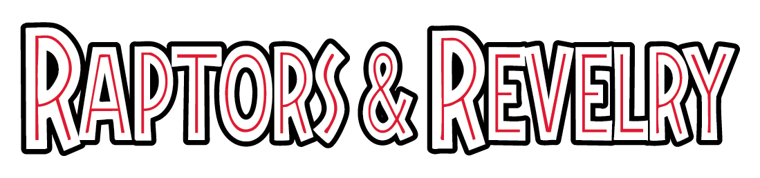 HMNS Gala 2027 Raptors & Revelry logo image, using Jurassic Park style font, thick black outlines with white interiors and red line through the middle of each letter